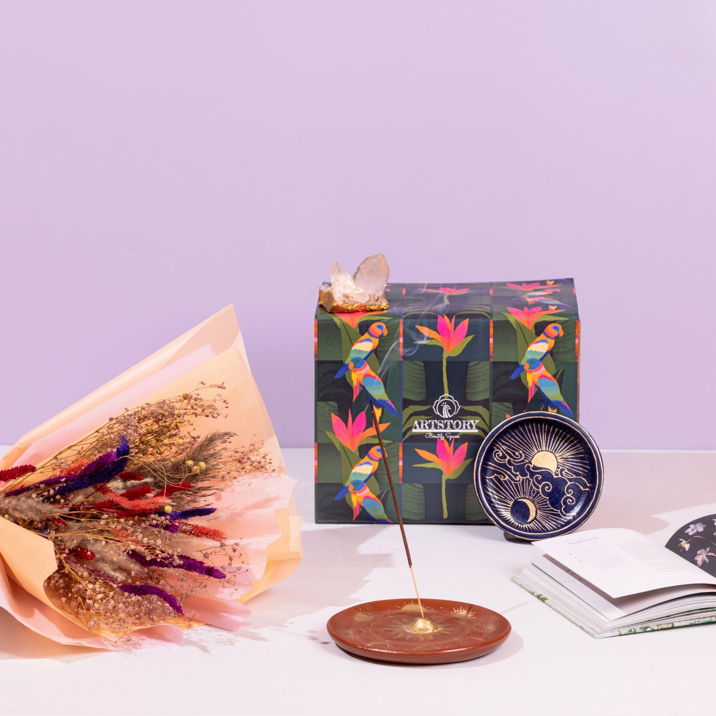 Relax Gift Set- Trinket Trays, Dried Flower Bouquet, Incense Holder, Quartz Crystal