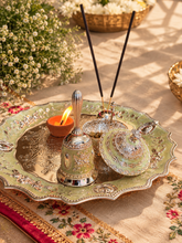 Load image into Gallery viewer, Elegant Mint Green &amp; Silver-Plated Pooja Thali Set (7-Piece Festive Gift Combo)
