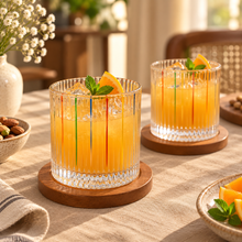 Load image into Gallery viewer, Revolving Ribbed Glass Tumbler with Wooden Coaster – Set of 2
