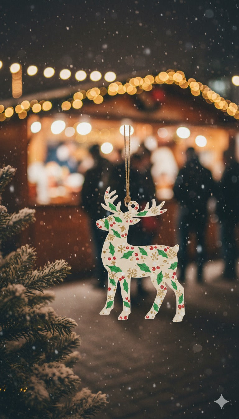 Festive Holly & Berry Patterned Reindeer Ornament