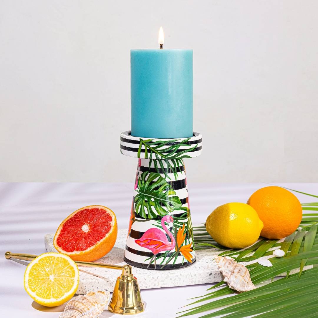 Flamingo in the Tropics- Hand painted Pillar Candle Stand