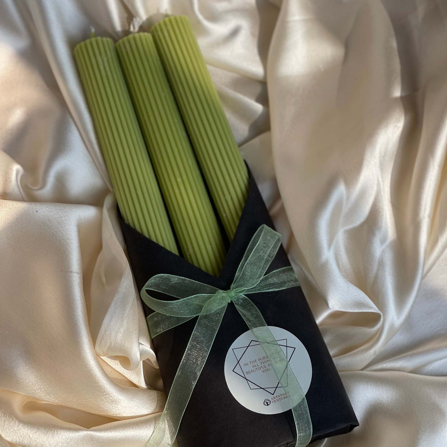 Ribbed Tapered soy wax candle in Green