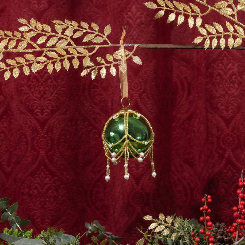 Dress it up -Green Glass christmas Ball with Beads Mesh