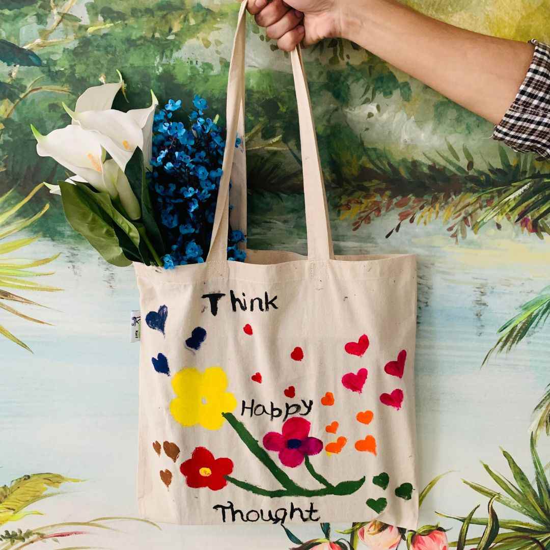 Think happy thought- Hand-painted Tote bag